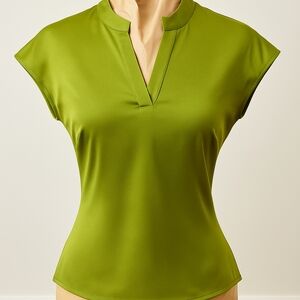 Nicole Miller Green Fitted Cap Sleeve Blouse with Mandarin Collar